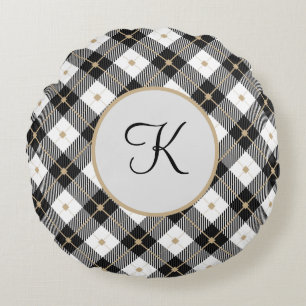 Monogrammed Black White and Gold Plaid Round Pillo Round Cushion