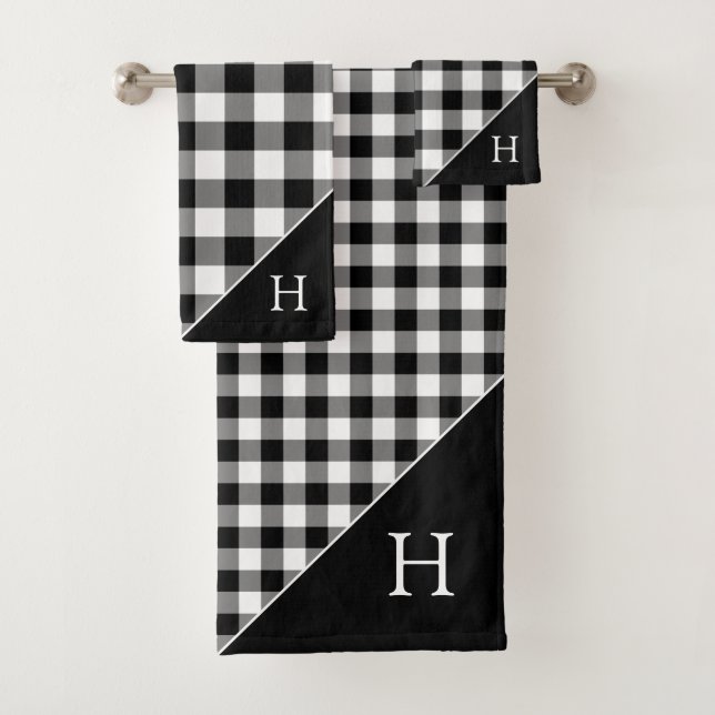 Monogrammed Black White Buffalo Check Pattern Bath Towel Set (Insitu)