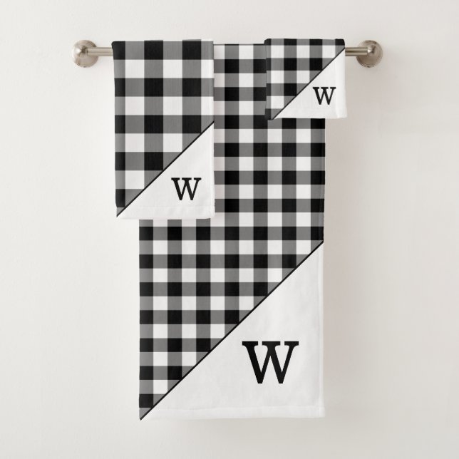 Monogrammed Black White Buffalo Plaid Pattern Bath Towel Set (Insitu)