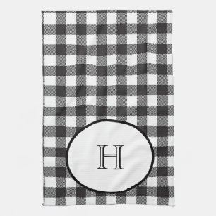 Monogrammed Black White Buffalo Plaid Tea Towel
