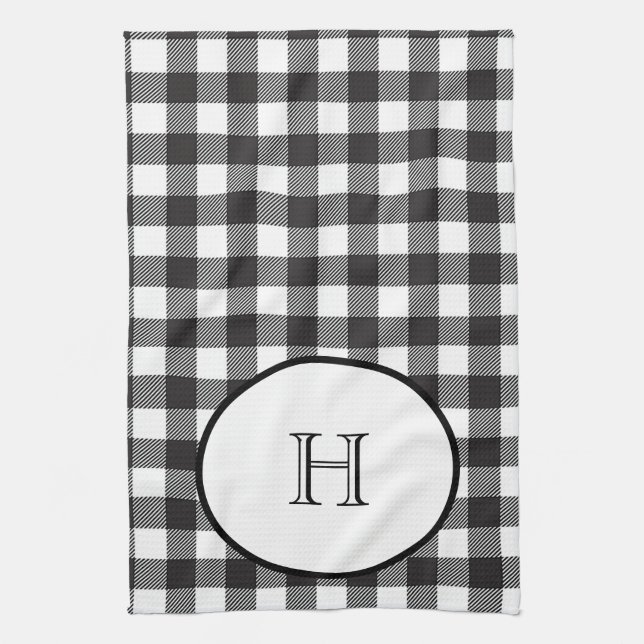 Monogrammed Black White Buffalo Plaid Tea Towel (Vertical)