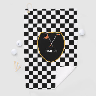 Monogrammed Black White Checks & golf club & flag  Towel