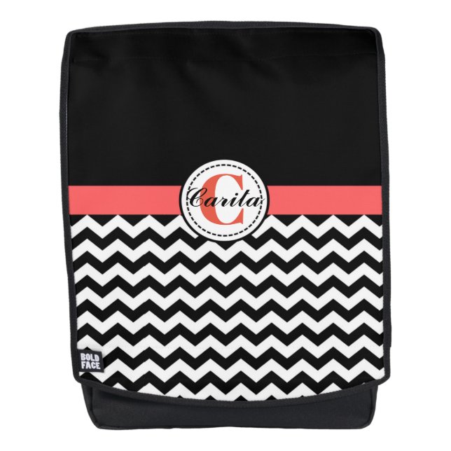 Monogrammed Black/White Chevron Backpack (Front)