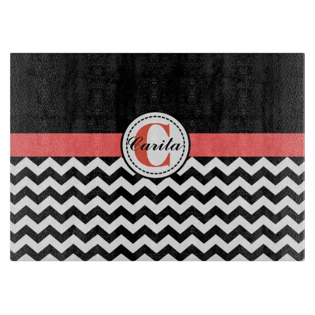 Monogrammed Black/White Chevron Cutting Board (Front)