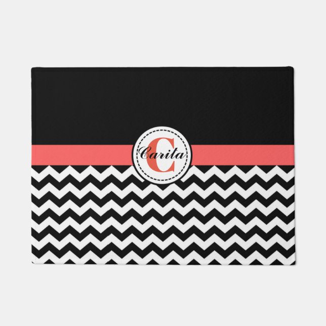 Monogrammed Black/White Chevron Doormat (Front)