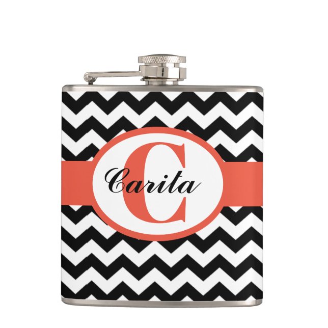 Monogrammed Black/White Chevron Vinyl Flask (Front)