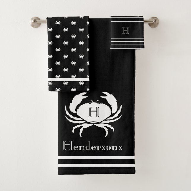 Monogrammed Black White Crab Nautical  Bath Towel Set (Insitu)