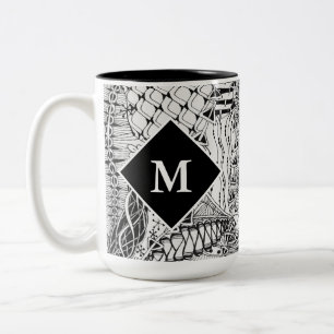 Monogrammed Black & White Doodle Pattern Art ZIA Two-Tone Coffee Mug