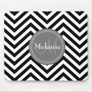 Monogrammed Black White Grey Chevron Quatrefoil Mouse Pad