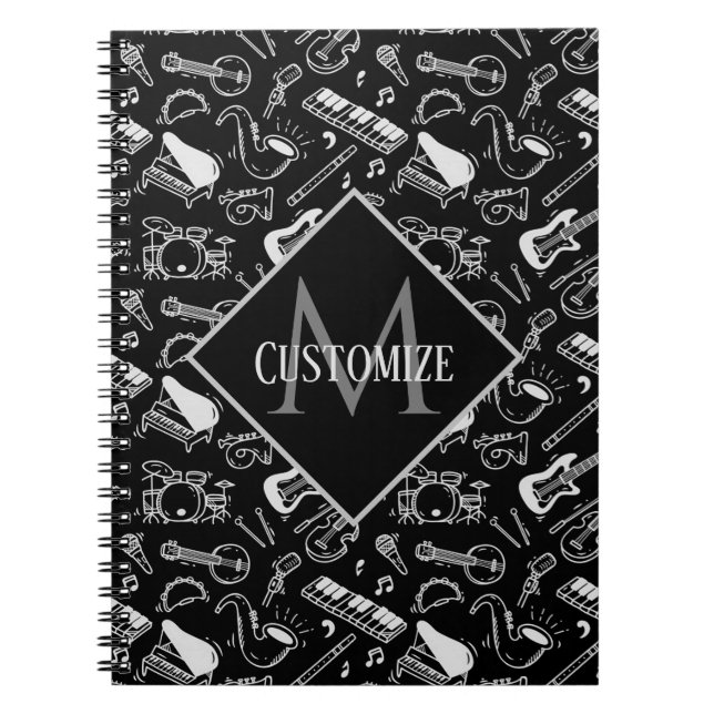 Monogrammed Black & White Instruments Pattern Notebook (Front)