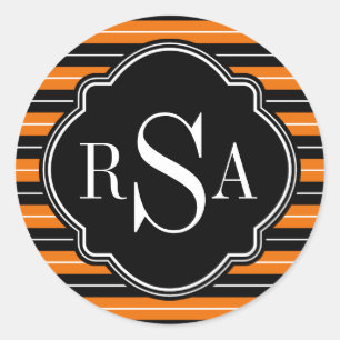 Monogrammed Black White Orange Striped Pattern Classic Round Sticker