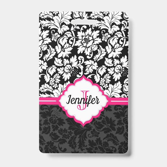 Monogrammed Black White & Pink Damask ID Badge (Front)