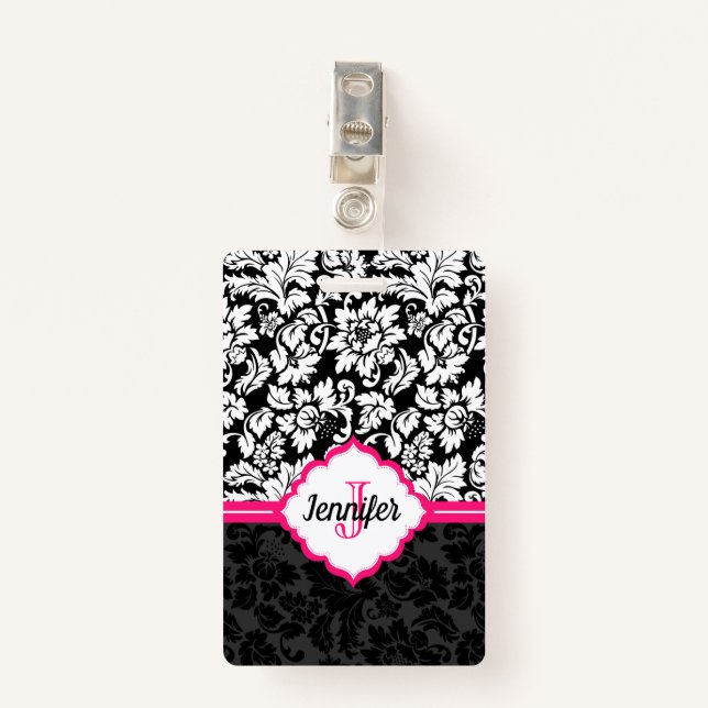 Monogrammed Black White & Pink Damask ID Badge (Front with Clip)