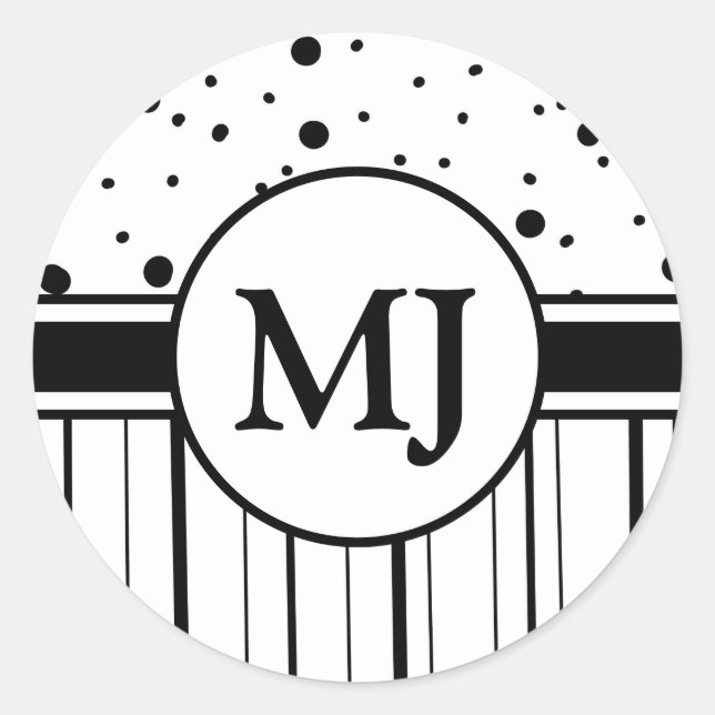 Monogrammed Black White Polka Dots and Stripes  Classic Round Sticker (Front)
