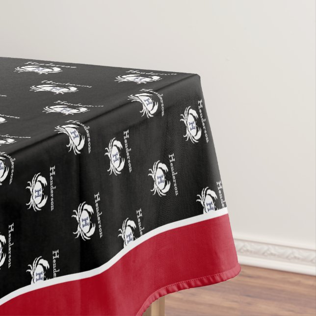 Monogrammed Black White Red Crab Nautical Coastal Tablecloth (In Situ)