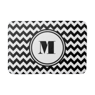 Monogrammed Black White Striped Chevron Pattern Bath Mat
