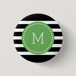 Monogrammed Black & White Stripes & Green Accent 3 Cm Round Badge