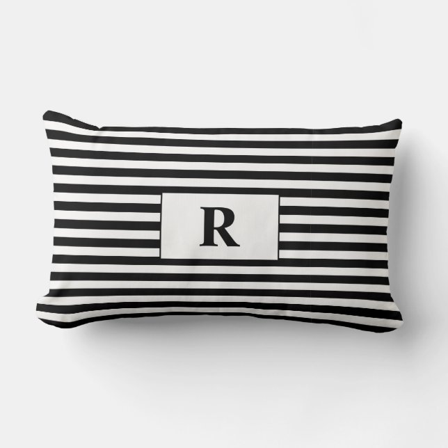 Monogrammed Black/White Stripes Lumbar Cushion (Front)