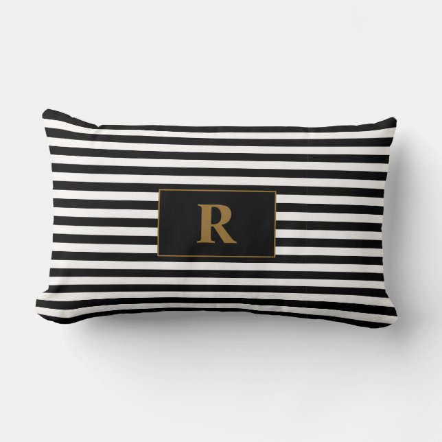 Monogrammed Black/White Stripes Lumbar Cushion (Front)