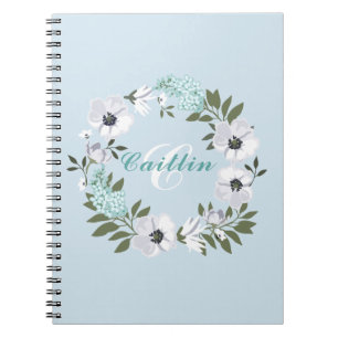 Monogrammed Black, White & Teal Floral Design Notebook