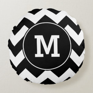Monogrammed Black Zigzag Pattern Round Cushion