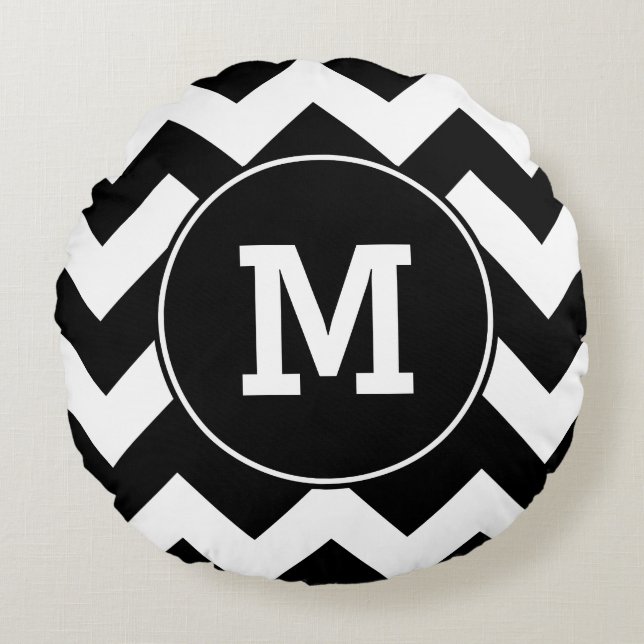 Monogrammed Black Zigzag Pattern Round Cushion (Front)