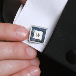 Monogrammed Blue Agate Silver White Square Silver Finish Cufflinks<br><div class="desc">These elegant cufflinks feature a blue watercolor agate geode design with silver faux glitter highlights. Personalise them with his monogram initial in charcoal grey text on a white square. They coordinate with our blue and silver agate wedding suite. Also available in round shape. They make great gifts for your groomsmen!...</div>