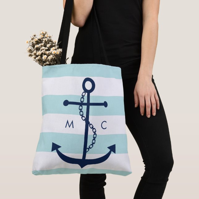 Monogrammed Blue Anchor on Mint Stripes Tote Bag (Close Up)