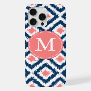 Monogrammed Blue and Coral Diamonds Ikat Pattern iPhone Case