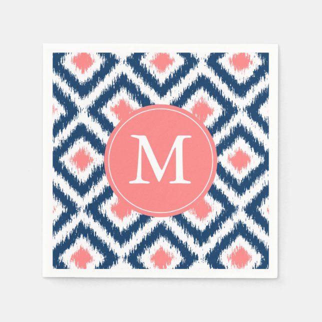 Monogrammed Blue and Coral Ikat Pattern Napkin (Front)