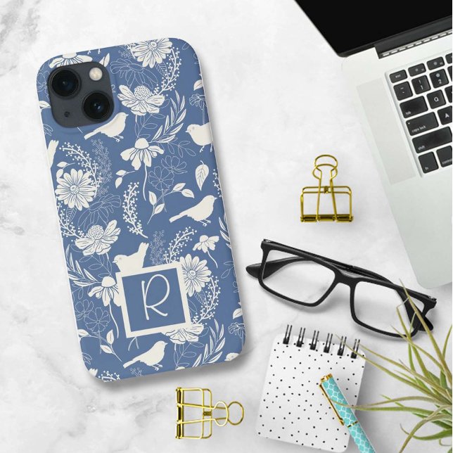 Monogrammed  Blue and Cream Birds and Blossoms Case-Mate iPhone Case (Creator Uploaded)