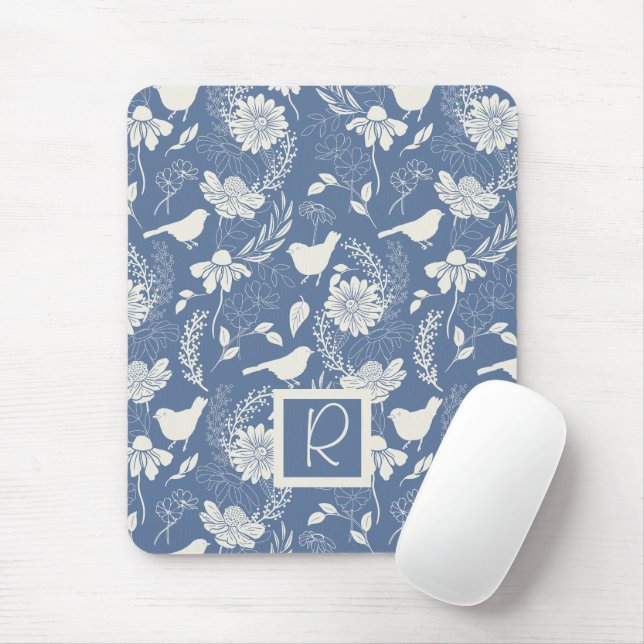 Monogrammed  Blue and Cream Birds and Blossoms Mouse Pad (With Mouse)