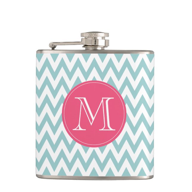 Monogrammed Blue and Pink Chevron Flask (Front)