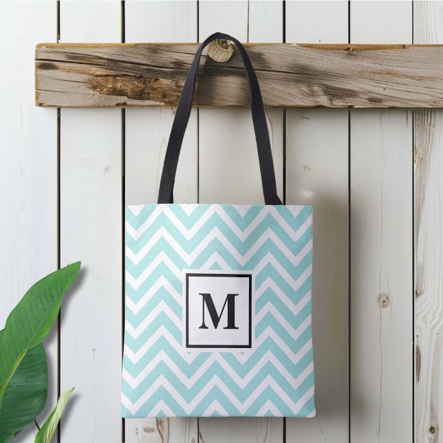 Monogrammed Blue and White Chevron Tote Bag (Creator Uploaded)