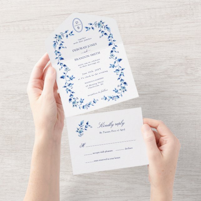 Monogrammed Blue and white Delft  All In One Invitation (Tearaway)