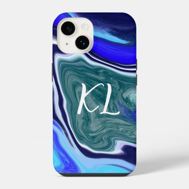 Monogrammed Blue and White Marble Fluid Art    iPhone Case (Back)