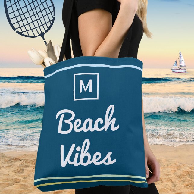 Monogrammed Blue Beach Vibes Stylish Tote Bag (A nautical tote bag in blue with monogram and stripes, and 'Beach Vibes' in script typography)