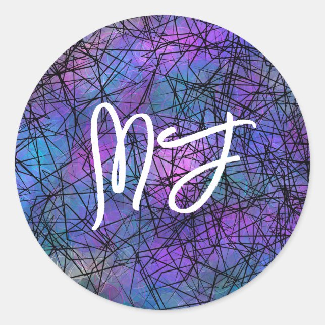Monogrammed Blue , Black and Purple Digital Art   Classic Round Sticker (Front)