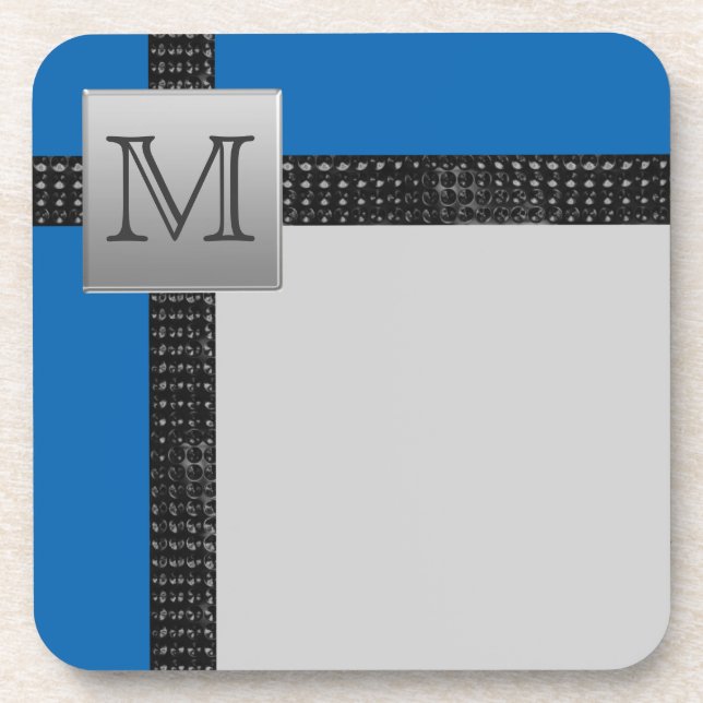 Monogrammed Blue Black Grey Coaster Set (6) (Front)