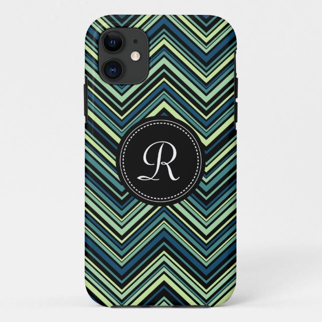 Monogrammed Blue Black Tribal Chevron Pattern Case-Mate iPhone Case (Back)