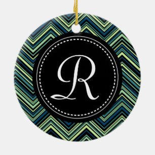 Monogrammed Blue Black Tribal Chevron Pattern Ceramic Ornament