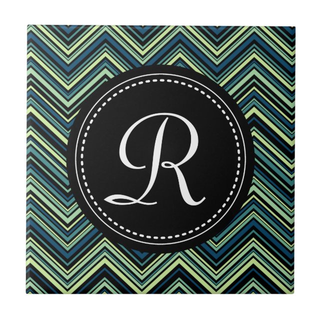 Monogrammed Blue Black Tribal Chevron Pattern Ceramic Tile (Front)