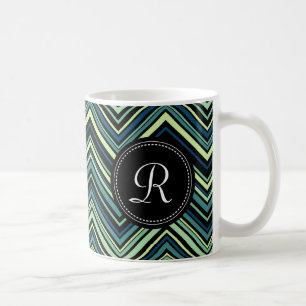 Monogrammed Blue Black Tribal Chevron Pattern Coffee Mug