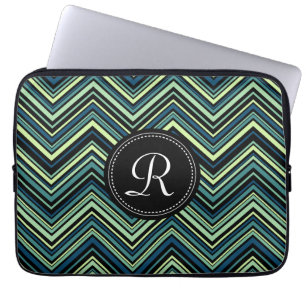 Monogrammed Blue Black Tribal Chevron Pattern Laptop Sleeve