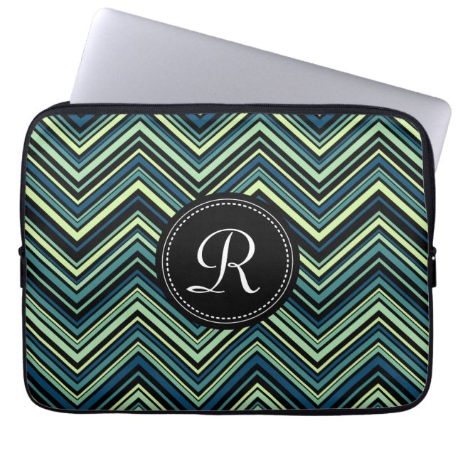 Monogrammed Blue Black Tribal Chevron Pattern Laptop Sleeve (Front)