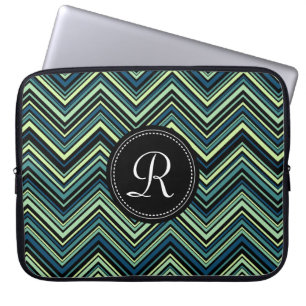 Monogrammed Blue Black Tribal Chevron Pattern Laptop Sleeve