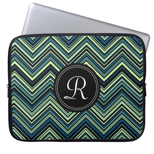 Monogrammed Blue Black Tribal Chevron Pattern Laptop Sleeve (Front)