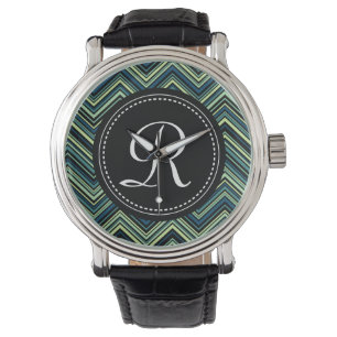 Monogrammed Blue Black Tribal Chevron Pattern Watch