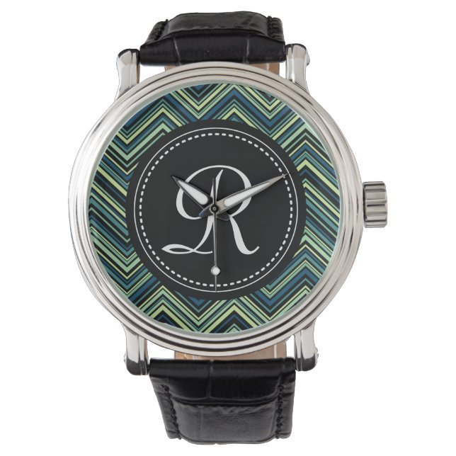 Monogrammed Blue Black Tribal Chevron Pattern Watch (Front)