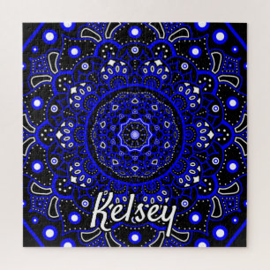 Monogrammed Blue, Black & White Mandala Pattern Jigsaw Puzzle